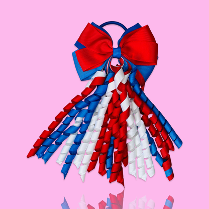 Red, Blue & White Ribbon Hair Bow with Curls