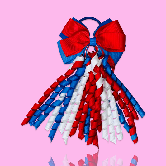 Red, Blue & White Ribbon Hair Bow with Curls