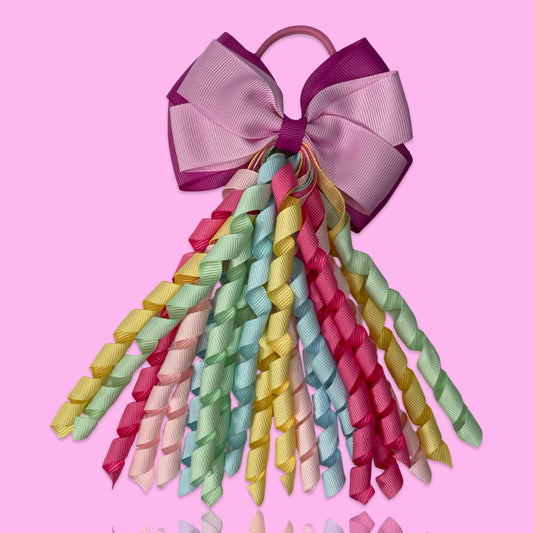 Pastel Rainbow Ribbon Hair Bow with Curls