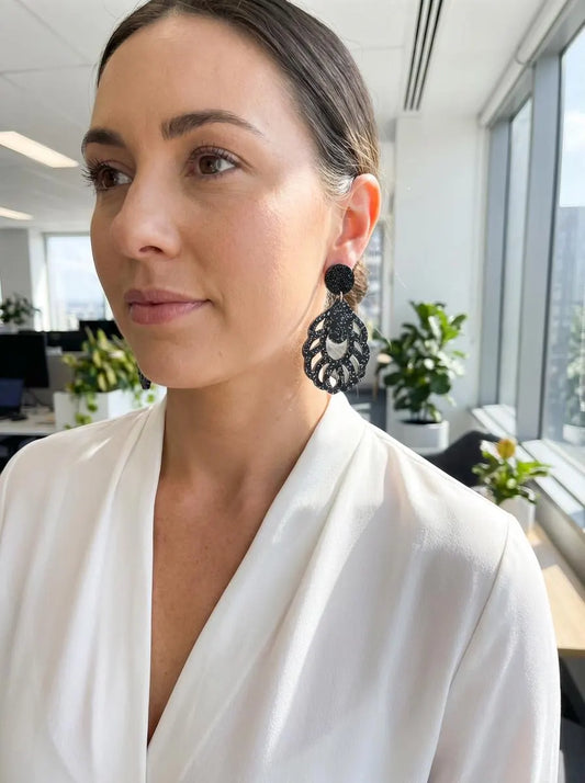 Glittery Black Elegant Dangle Earrings