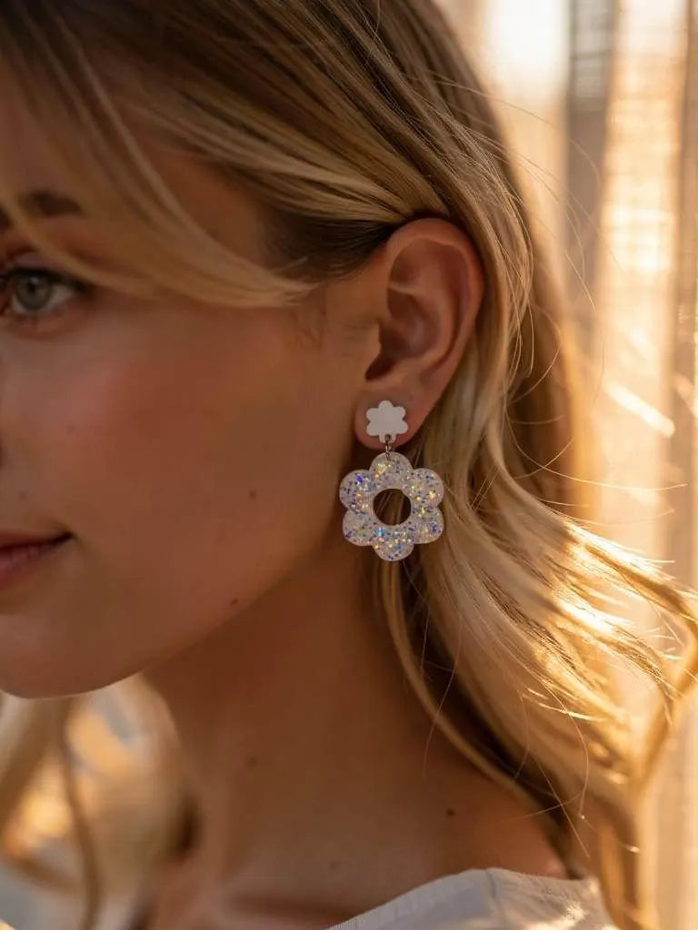 Sparkly White Flower Dangles