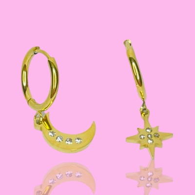 Gold Mini Hoop Star and Moon Earrings