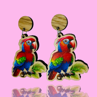 Wearable Art Wooden Earrings - Scarlet Macaw