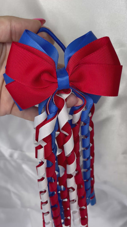 Red, Blue & White Ribbon Hair Bow with Curls